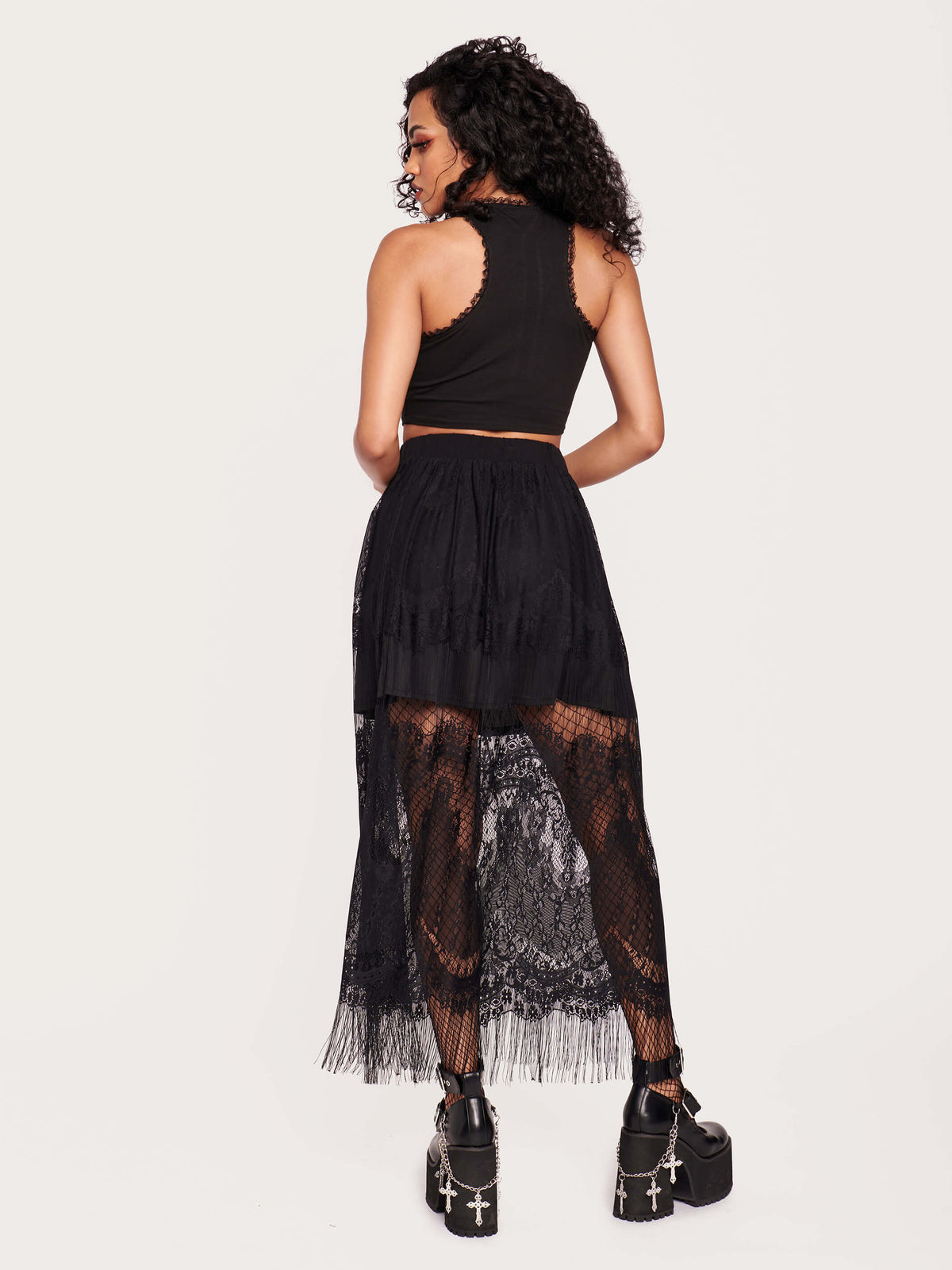 Black lace skirt with eyelash hem.
