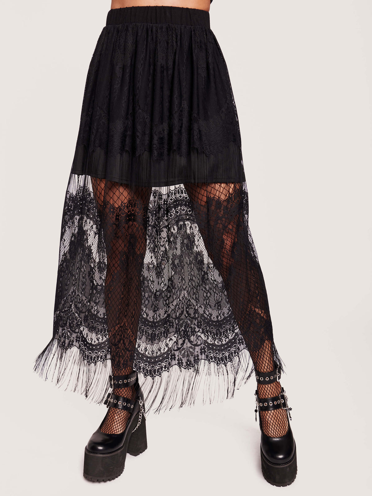 Black lace skirt with eyelash hem.