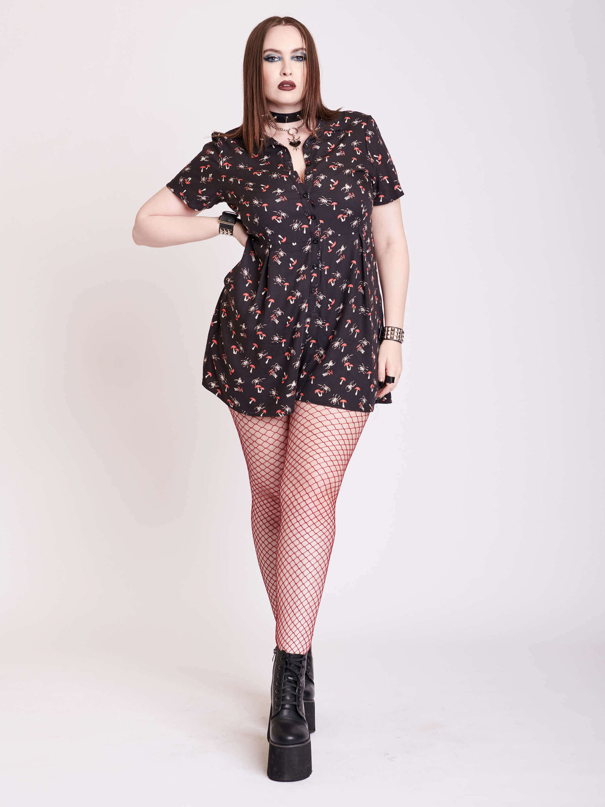 Black button up romper with scorpian and mushroom print