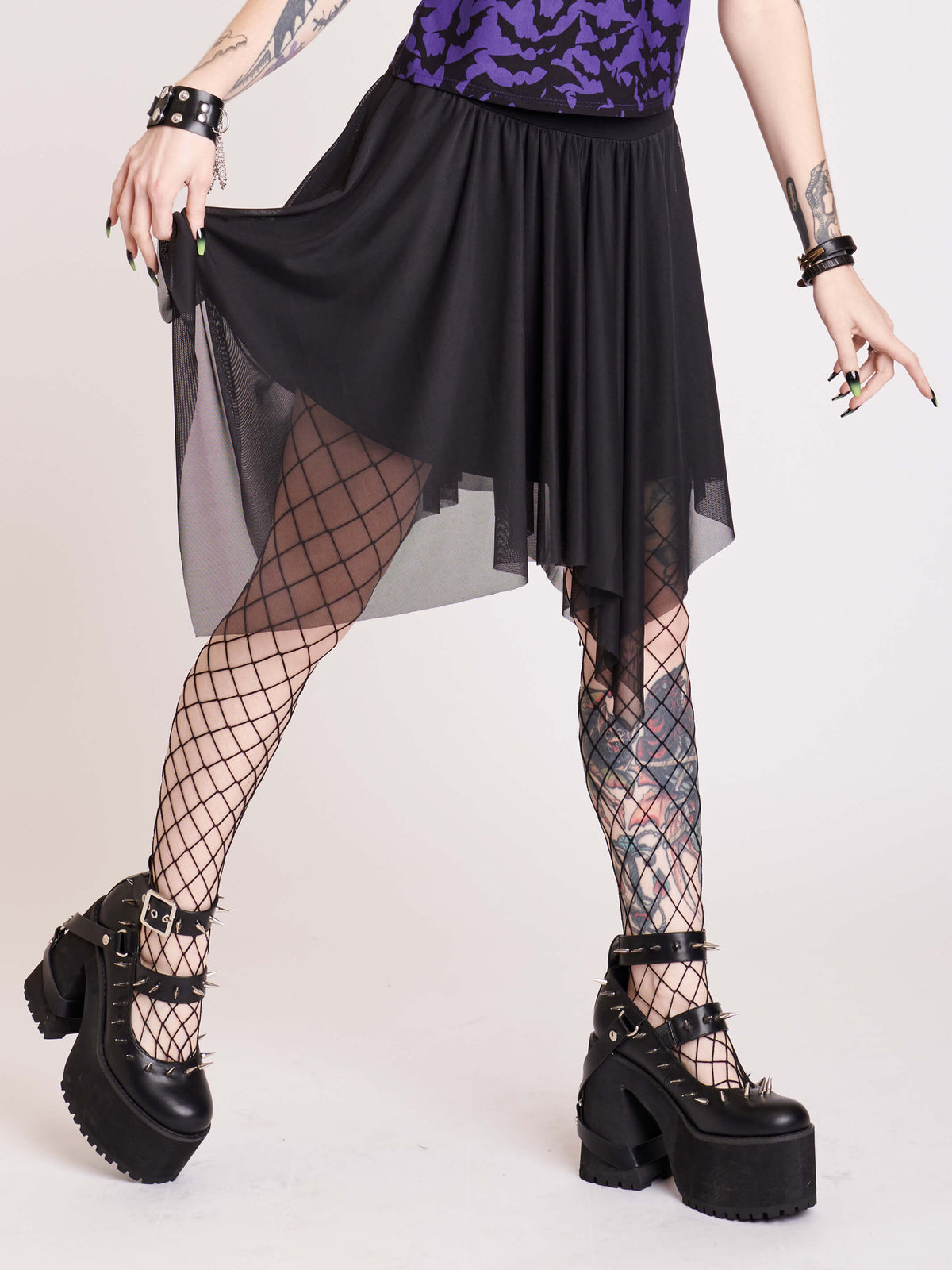 Mesh knit dark fairy assymetrical hem black skirt