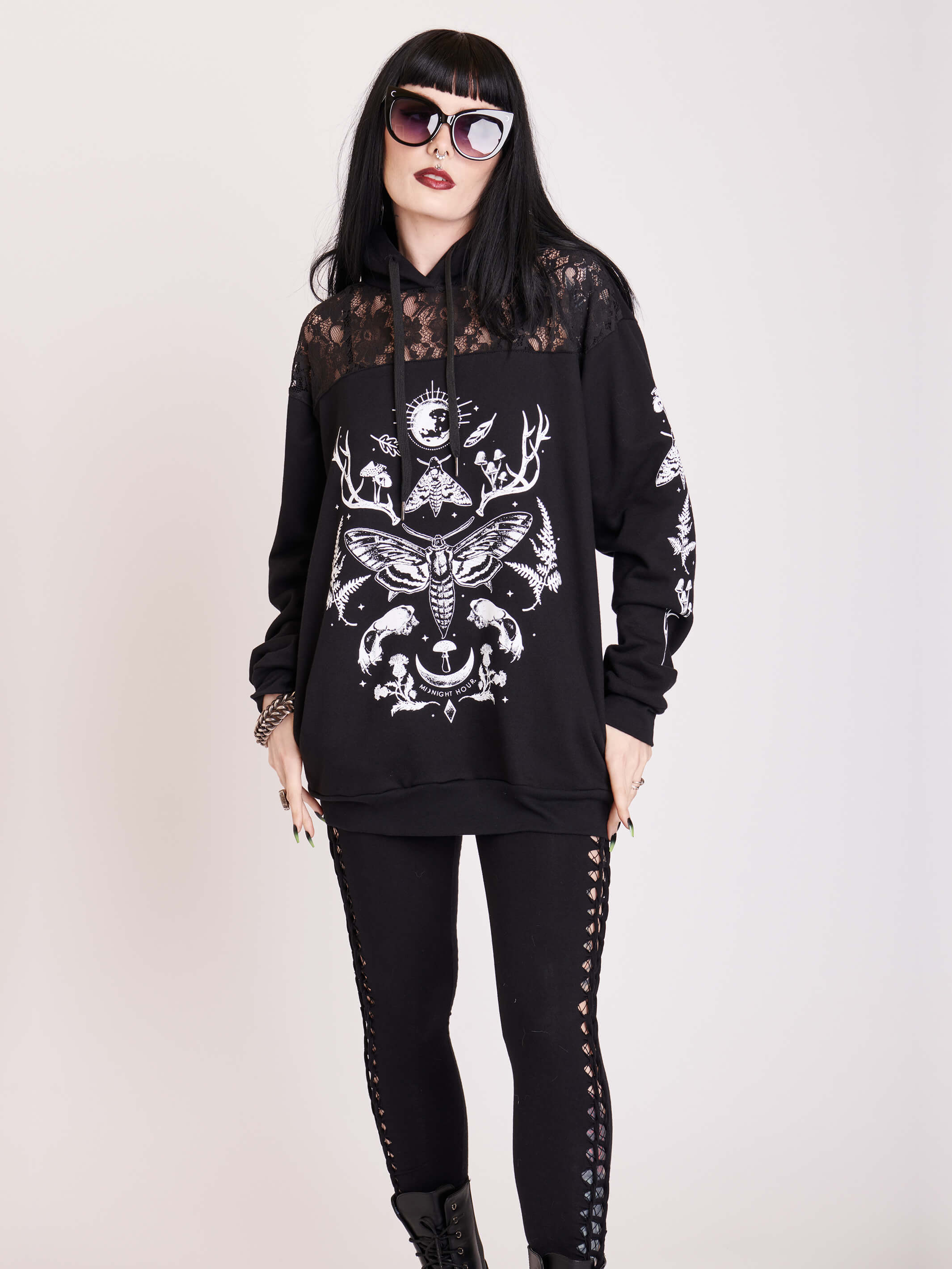 Forest witch graphic on lace yoke fleece unisex hoodie.