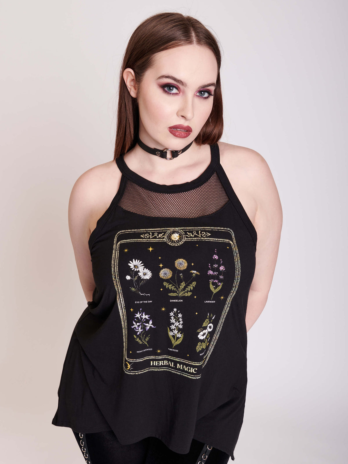 tank top with mesh detail and herb art