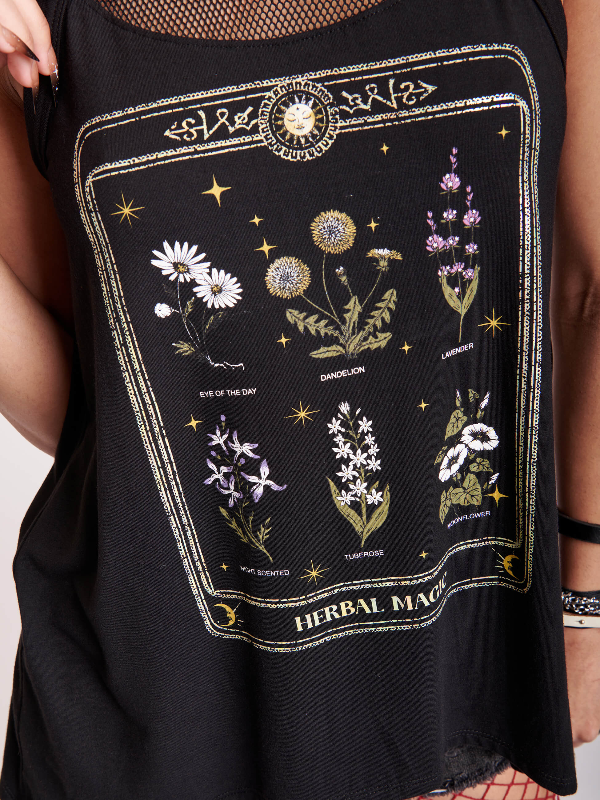 tank top with mesh detail and herb art