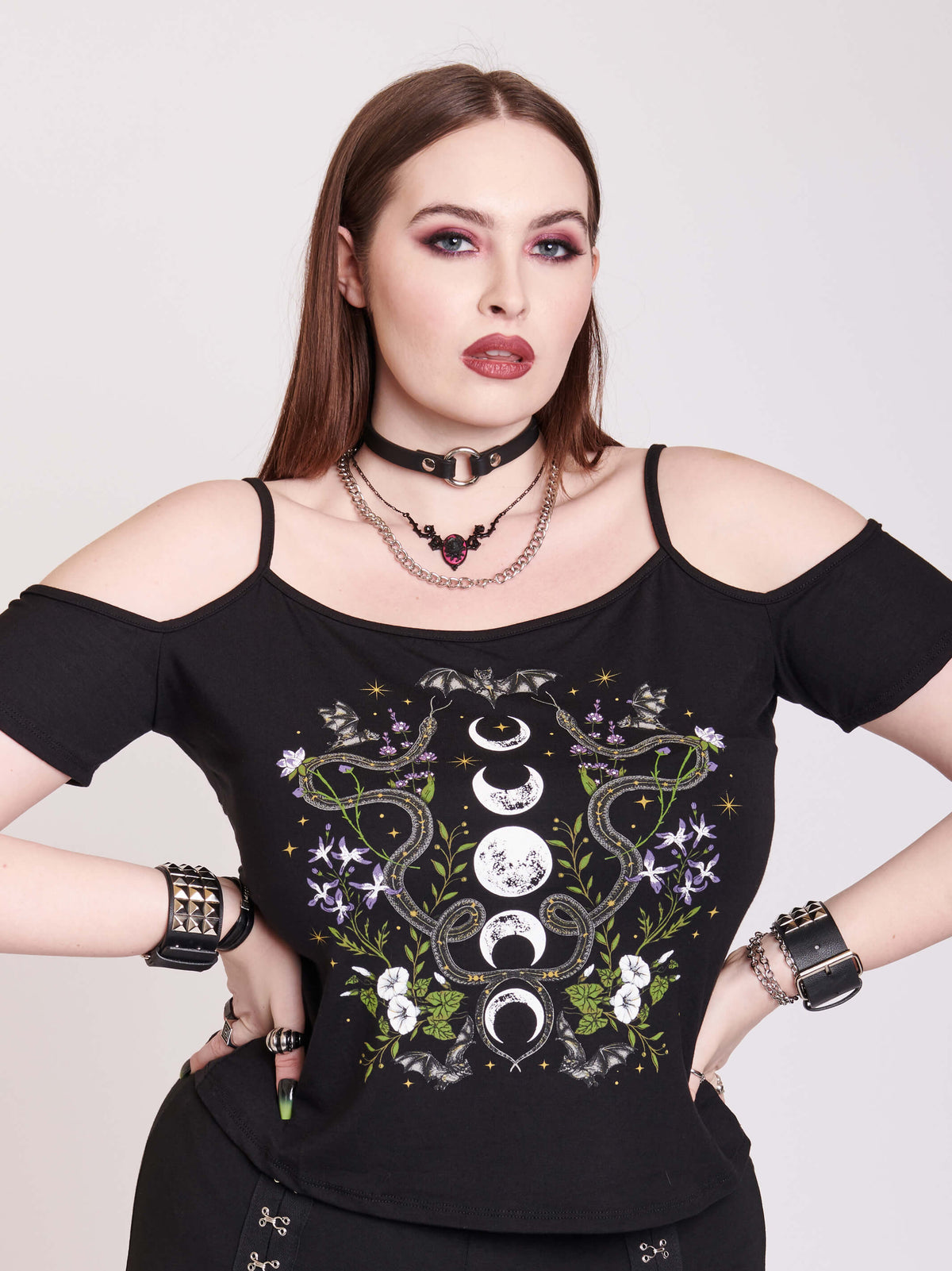 Off shoulder tank with snakes and moon phases