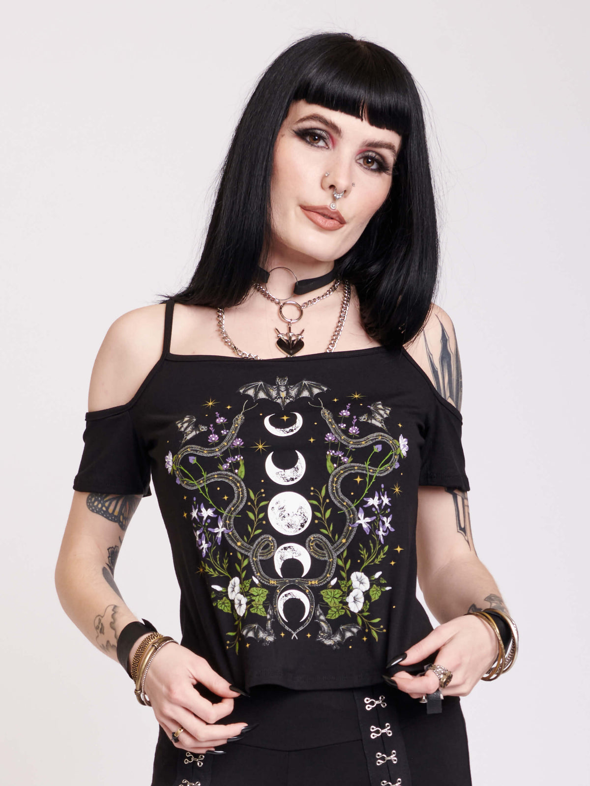 Off shoulder tank with snakes and moon phases