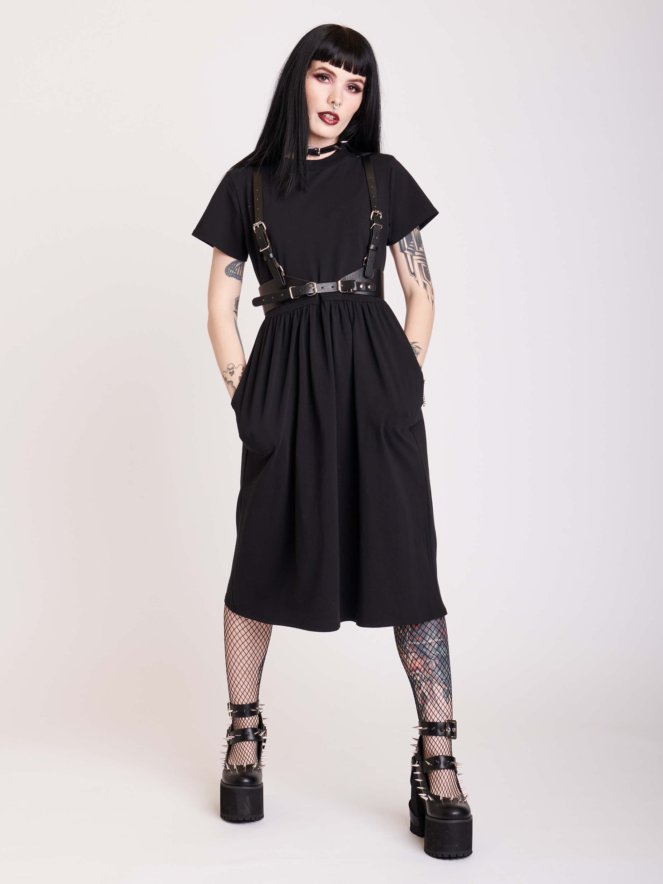 Black spine embroidered midi length dress.
