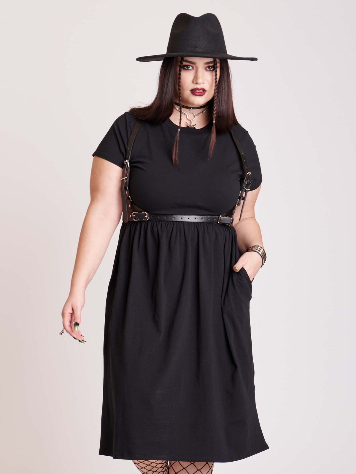 Black spine embroidered midi length dress.