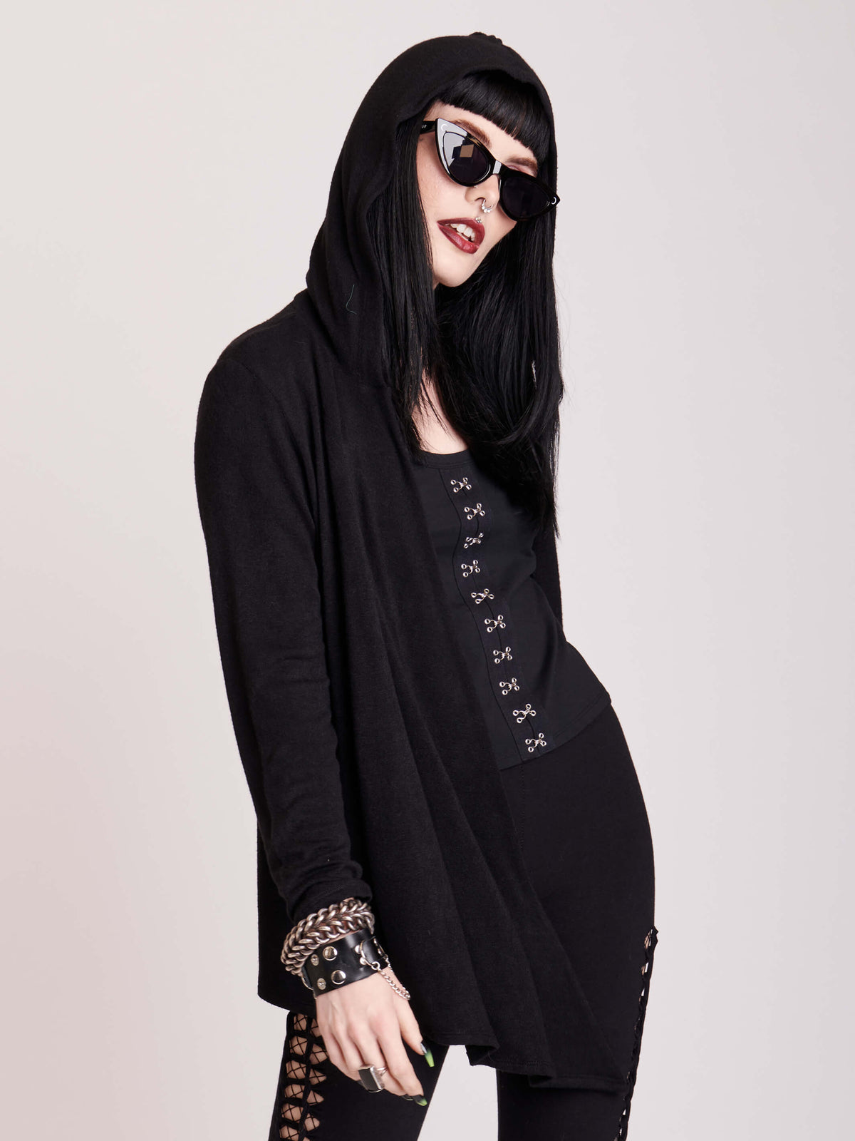 Super soft and supple lightweight hooded sweater cardigan, with embroidered moon phase back detail.