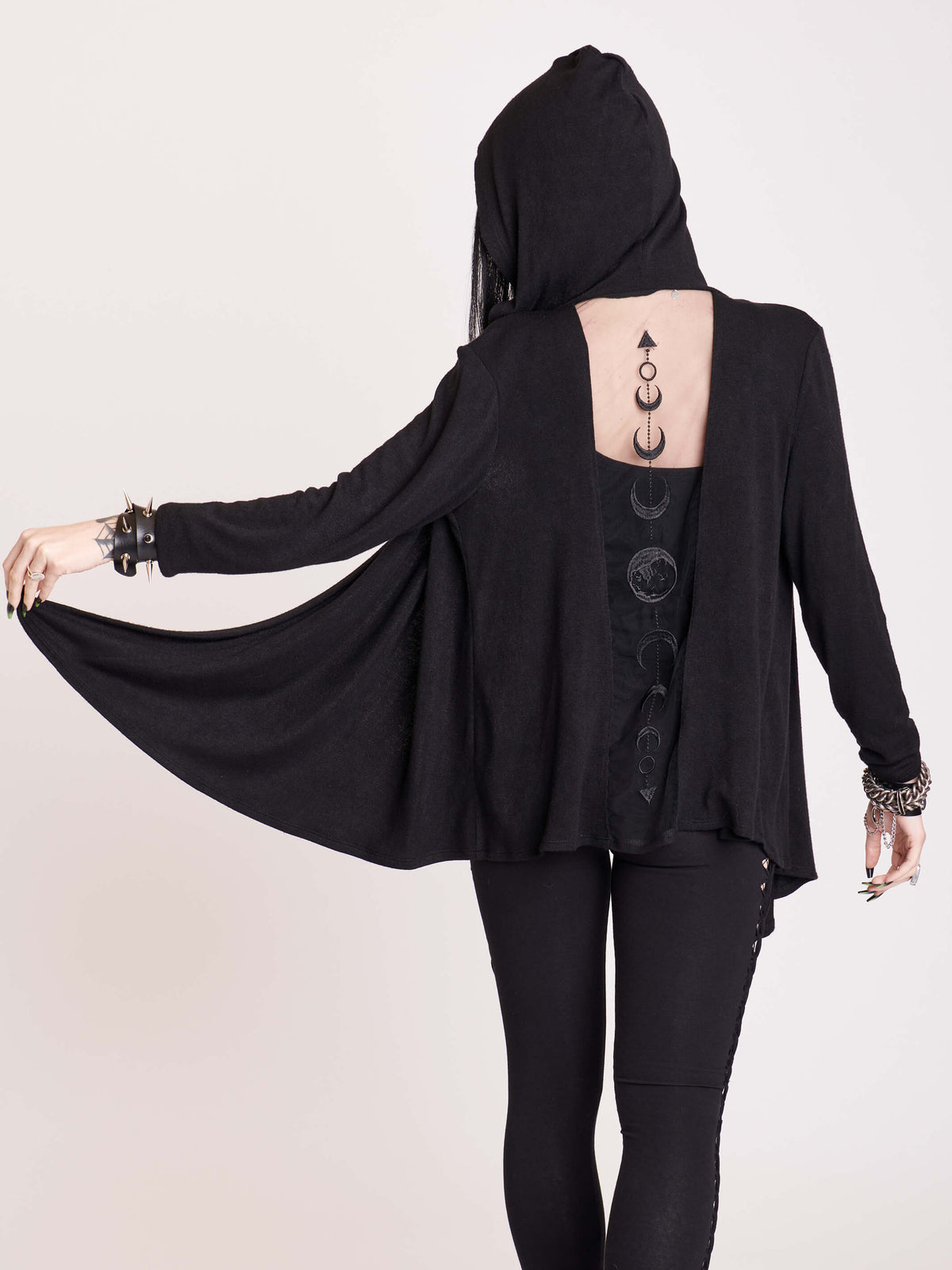 Super soft and supple lightweight hooded sweater cardigan, with embroidered moon phase back detail.