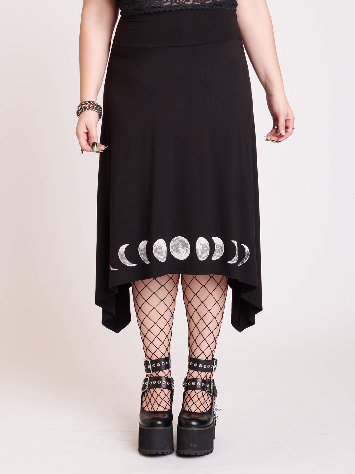 Moon phase assymetrical hem black skirt