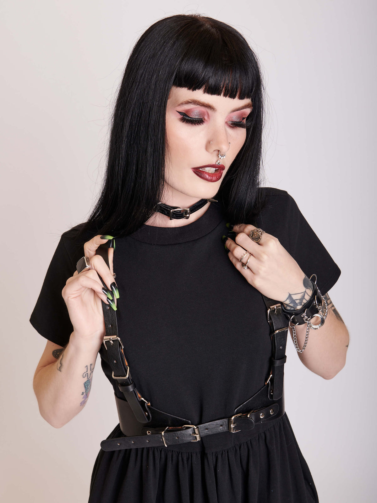 Pleather black belted harness