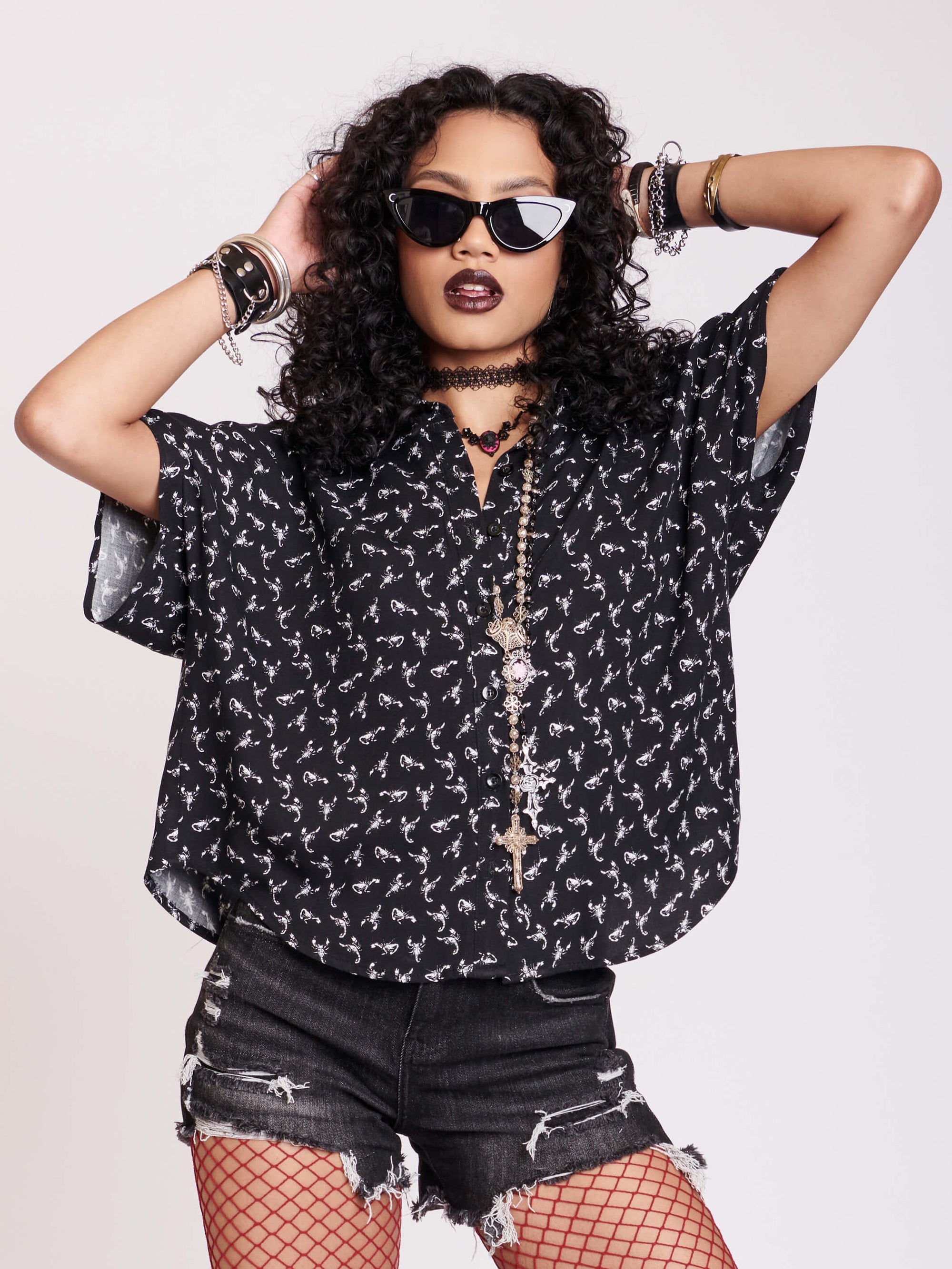 black cropped button up with scorpian print