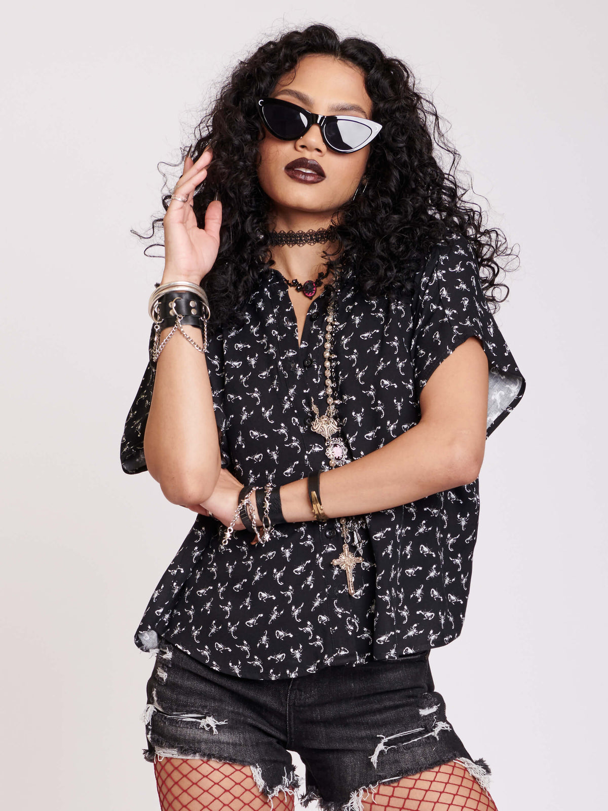 black cropped button up with scorpian print