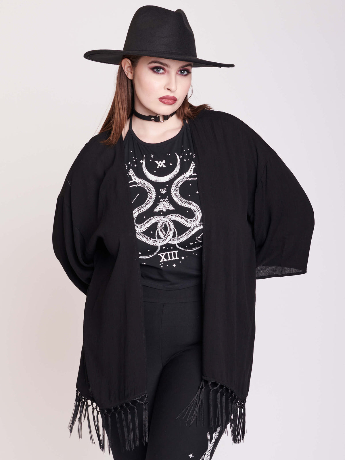 Black kimono with snake and dagger back graphic