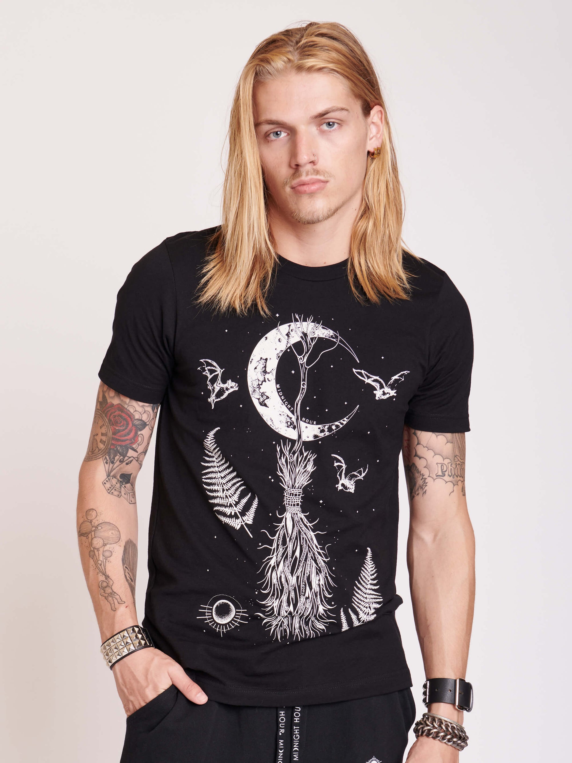 Witchy gothic bat t-shirt. Moon phases, crystals, goth. Black t-shirt with gothic bat print, moon print, Witchy goth fashion. Goth grunge clothing