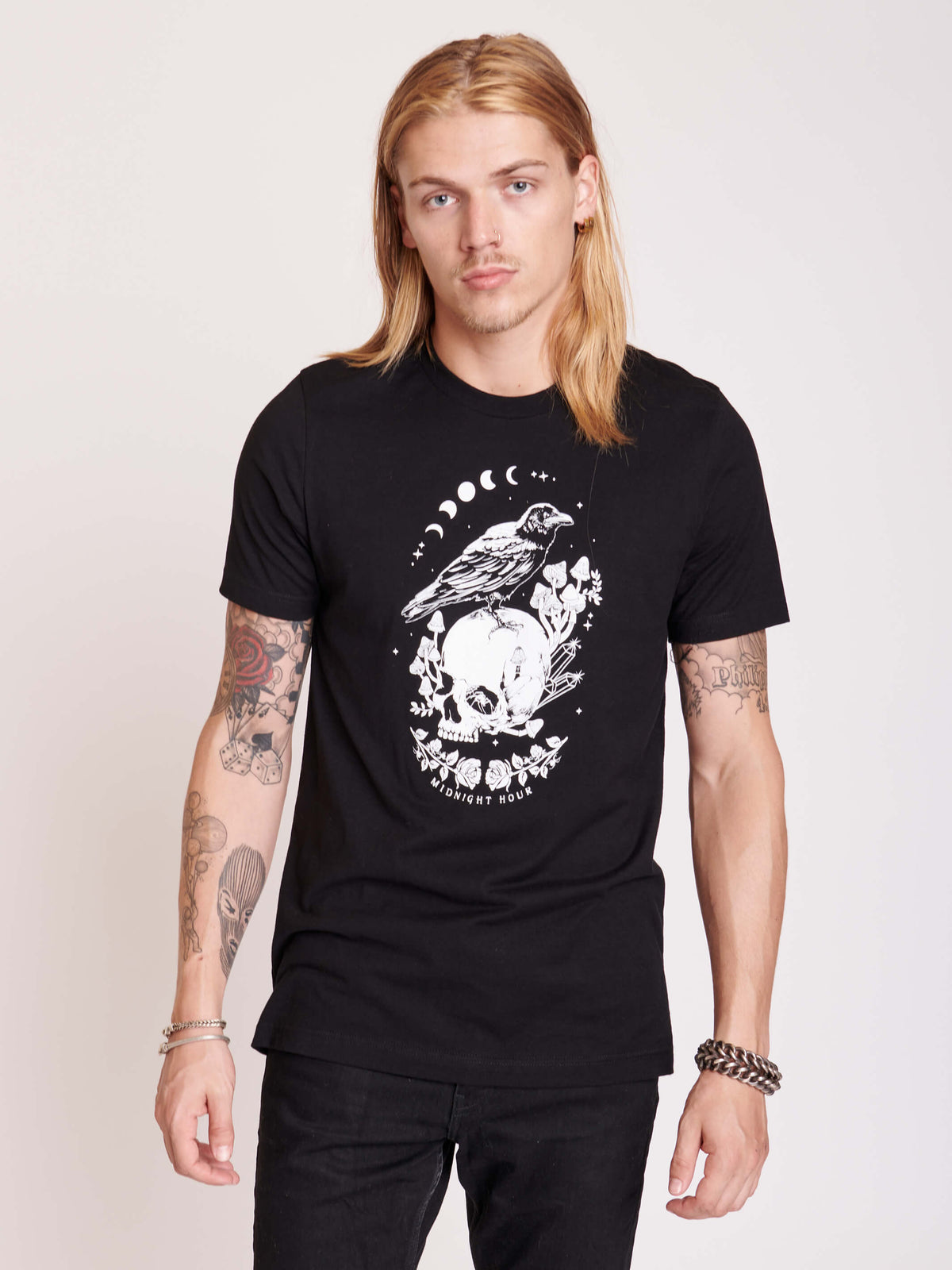 Shroomin&#39; Crows Unisex T-Shirt goth rock fashion, skulls, mushroom, crows, moon phases. Shroomin&#39; Crows T-shirt. Unisex, goth fashion. Goth grunge clothing, skull print, moon phase, black crow, musnrooms, witchy vibes