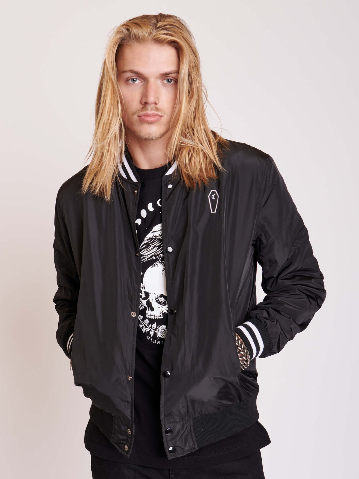 Stay warm in the dead of night with this embroidered Midnight Hour unisex boyfriend jacket. 