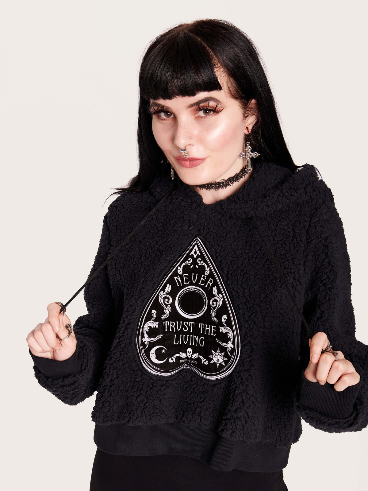 Planchette cropped sherpa hoodie. voodoo, goth girl, nu goth, gothic outfits, dark aesthetic, alt fashion, dark fashion