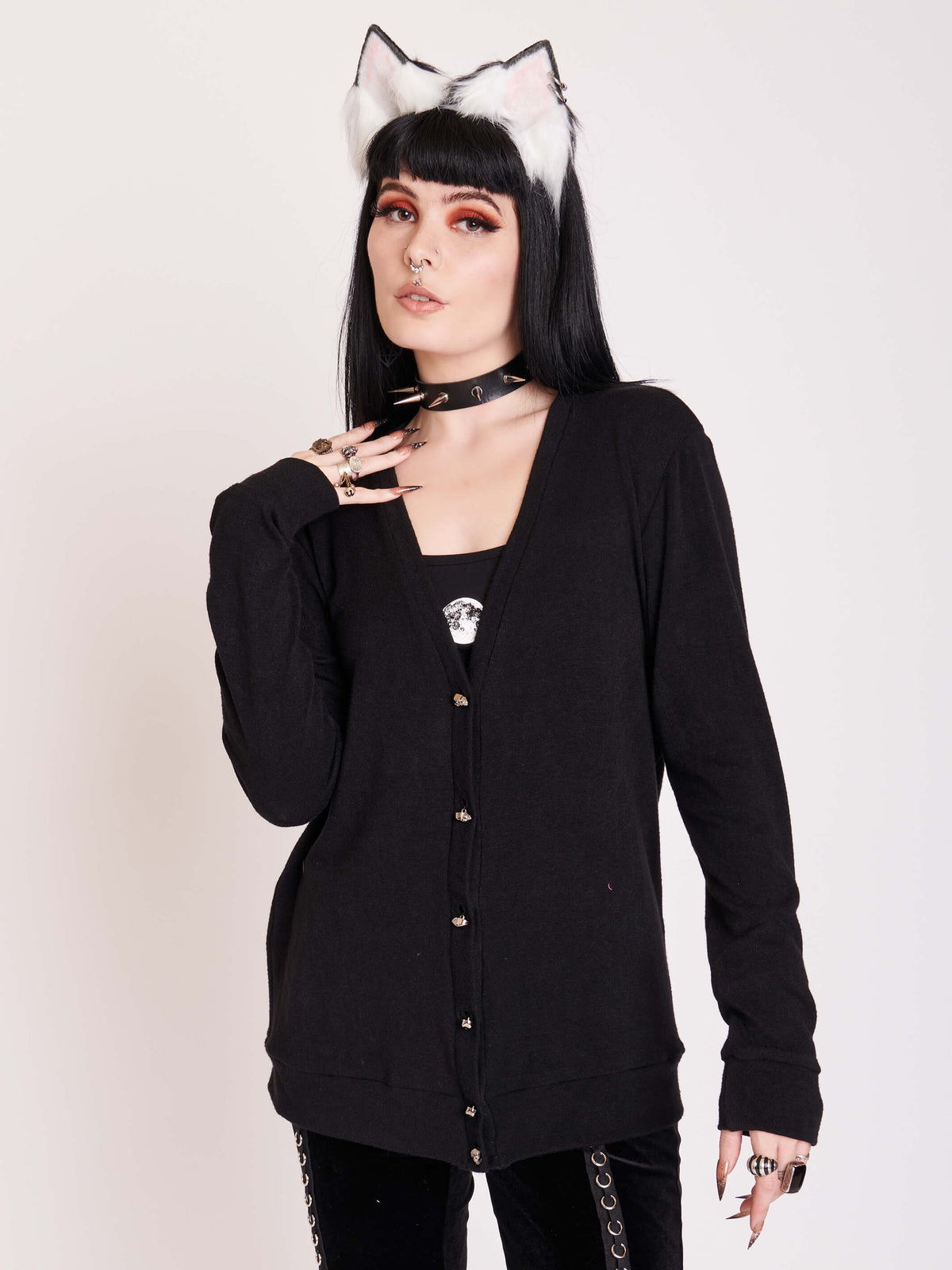 Black Cardigan with skull buttons and center back fringe detail