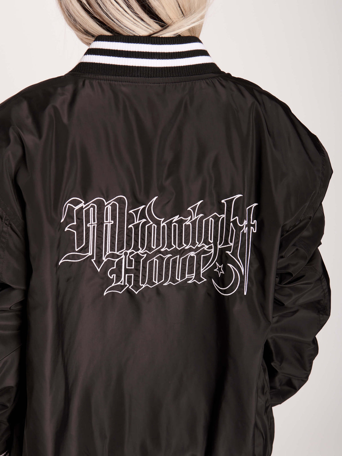 Stay warm in the dead of night with this embroidered Midnight Hour unisex boyfriend jacket. 100% Polyester with quilted lining. .bomber jacket, goth jacket, coffin, coffinprint, unisex, nu goth fashion, goth legging, goth grunge fashion, dark aesthetic clothing.