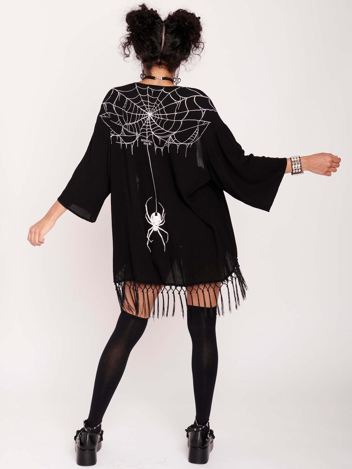 Black Widow Kimono. Stand out from the masses with this beautifully crafted kimono featuring a cobweb and black widow spider print. with black fringe details. Goth grunge fashion, alt girl fashion, goth clothing, nugoth, black lace, goth punk top, egirl fashion, emo fashion, spider.