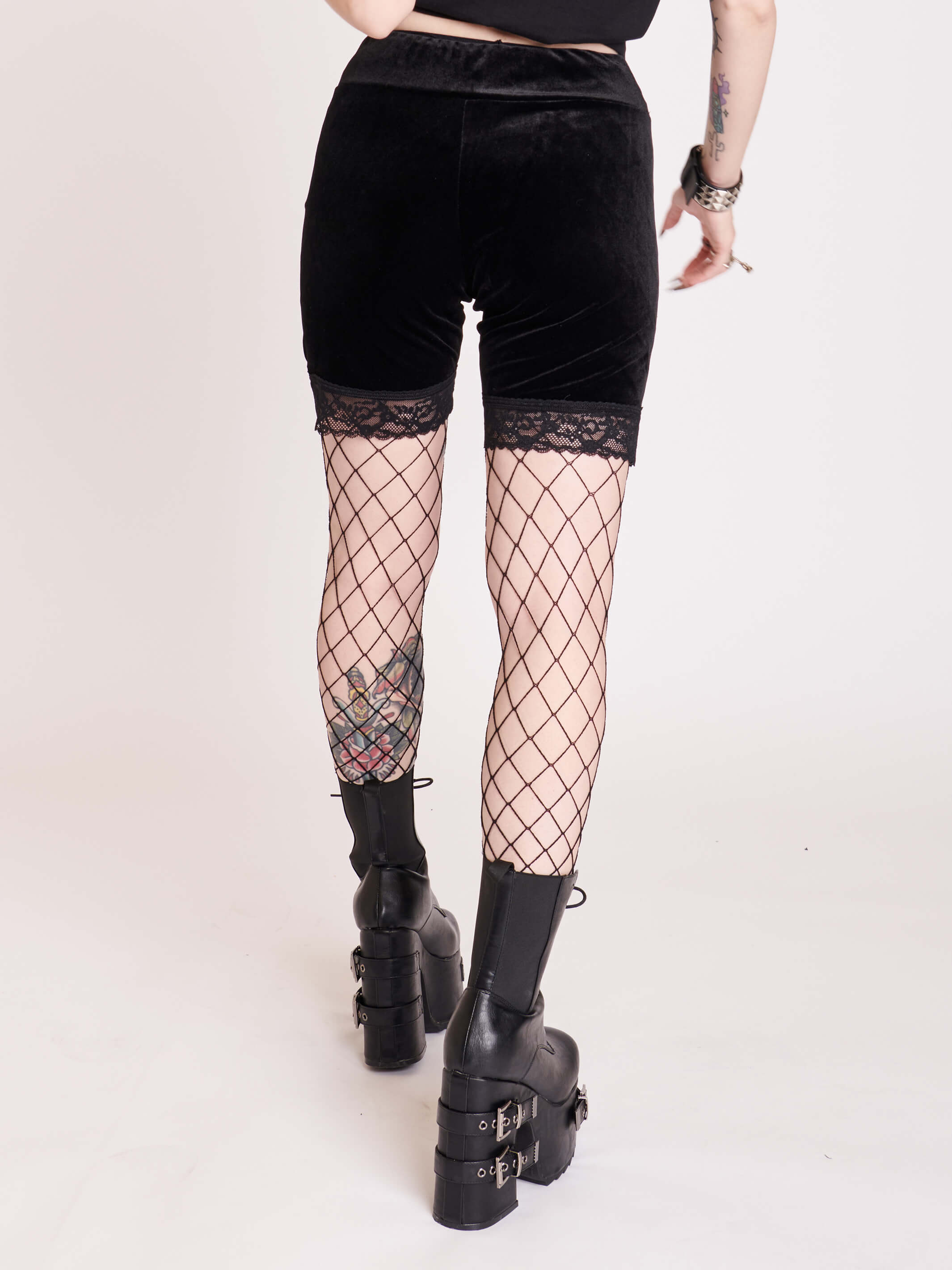 Black velvet stretch bike shorts with lace hem