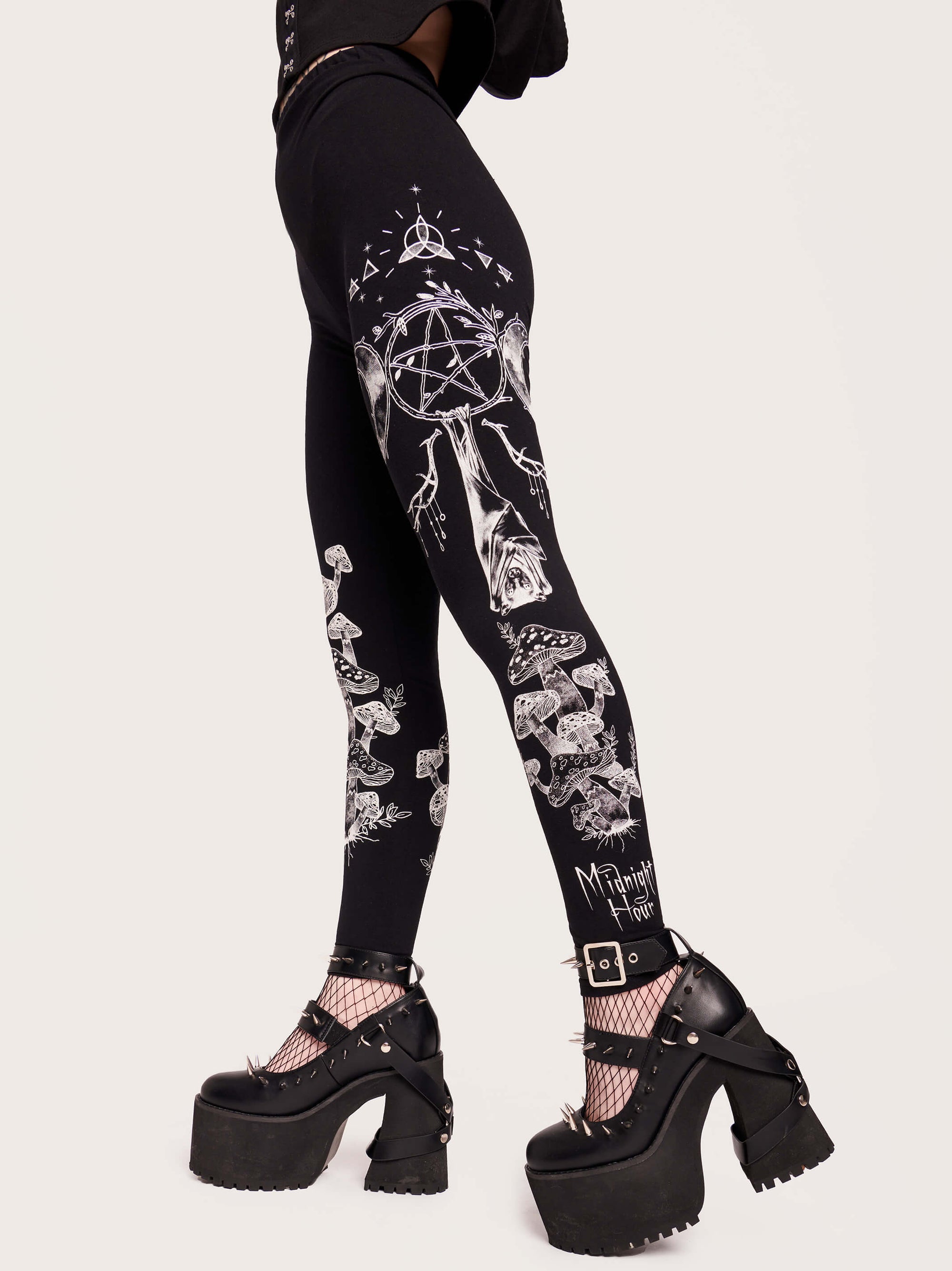 Black super soft and stretchy leggins with mushroom print, Sleeping bat, pantacleWitchy, Goth fashion, alt girl fashion, goth clothing , witchy clothing, egirl fashion, gothic fashion, dark aesthetic.