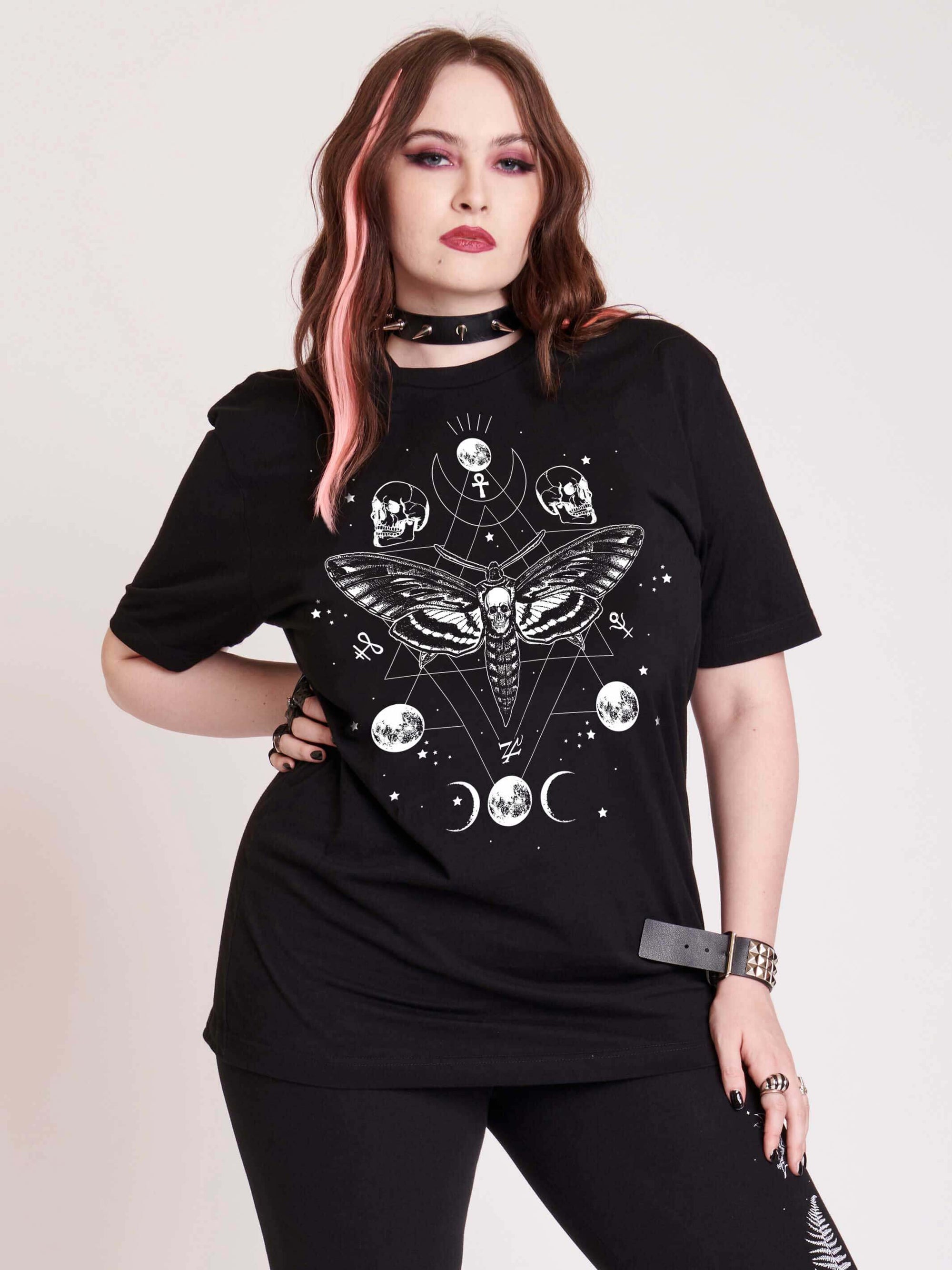 Deathmoth art on unisex black t-shirt