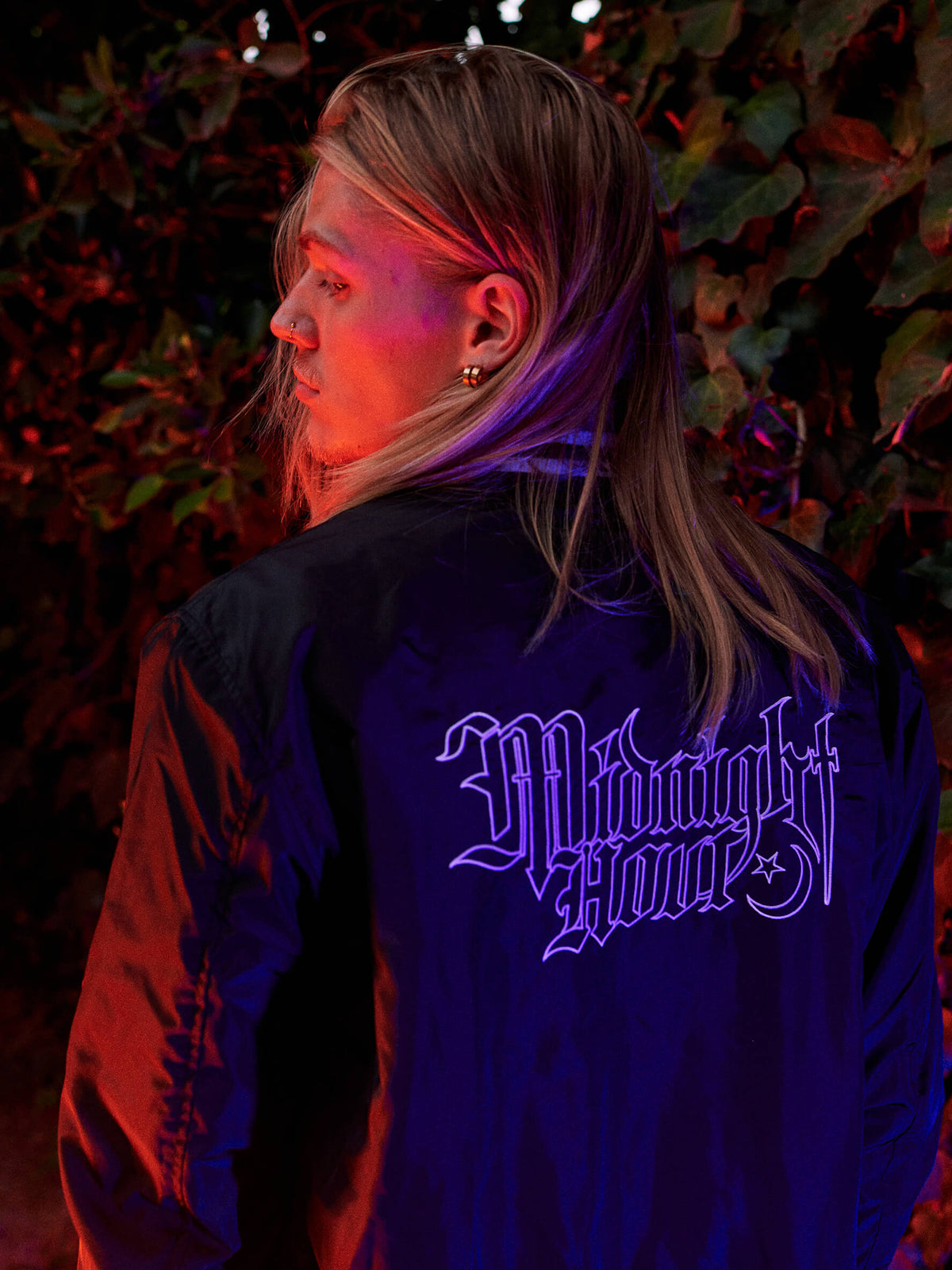 Stay warm in the dead of night with this embroidered Midnight Hour unisex boyfriend jacket. 