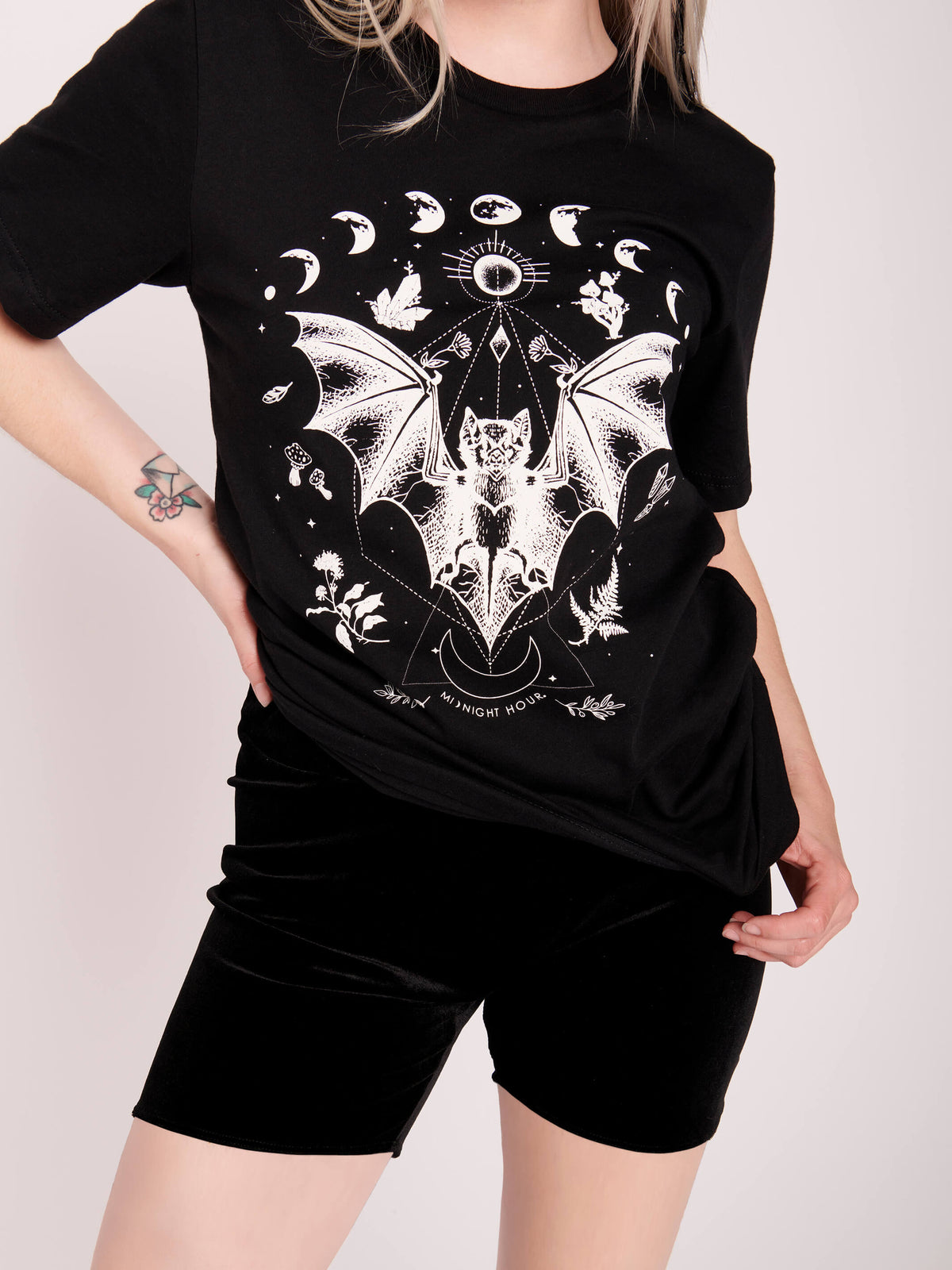 Black t-shirt with moonphase and bat graphic