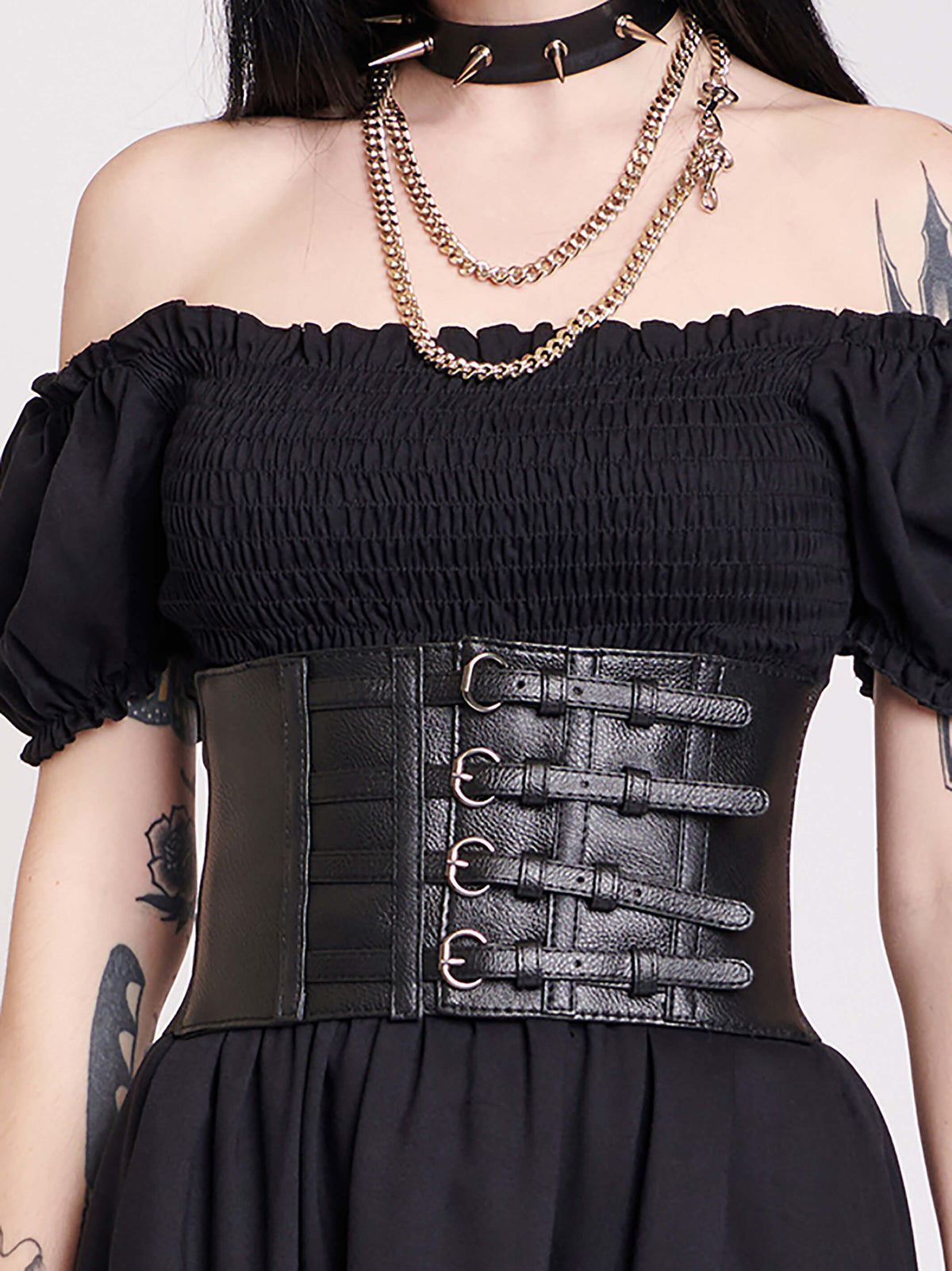 2-Piece Corset Belt & Choker Set Elastic Waist Faux Leather Buy Plus Sized Corset Belt in Black | Gothic Waist Cincher  main image 4