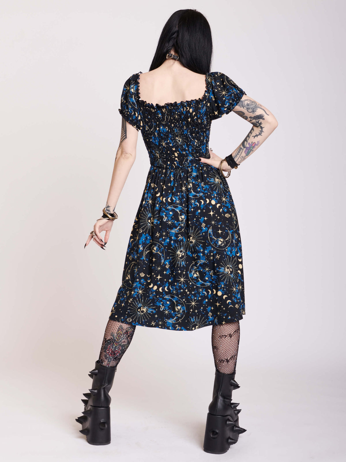 smocked midi dress with blue, black and white celestail print