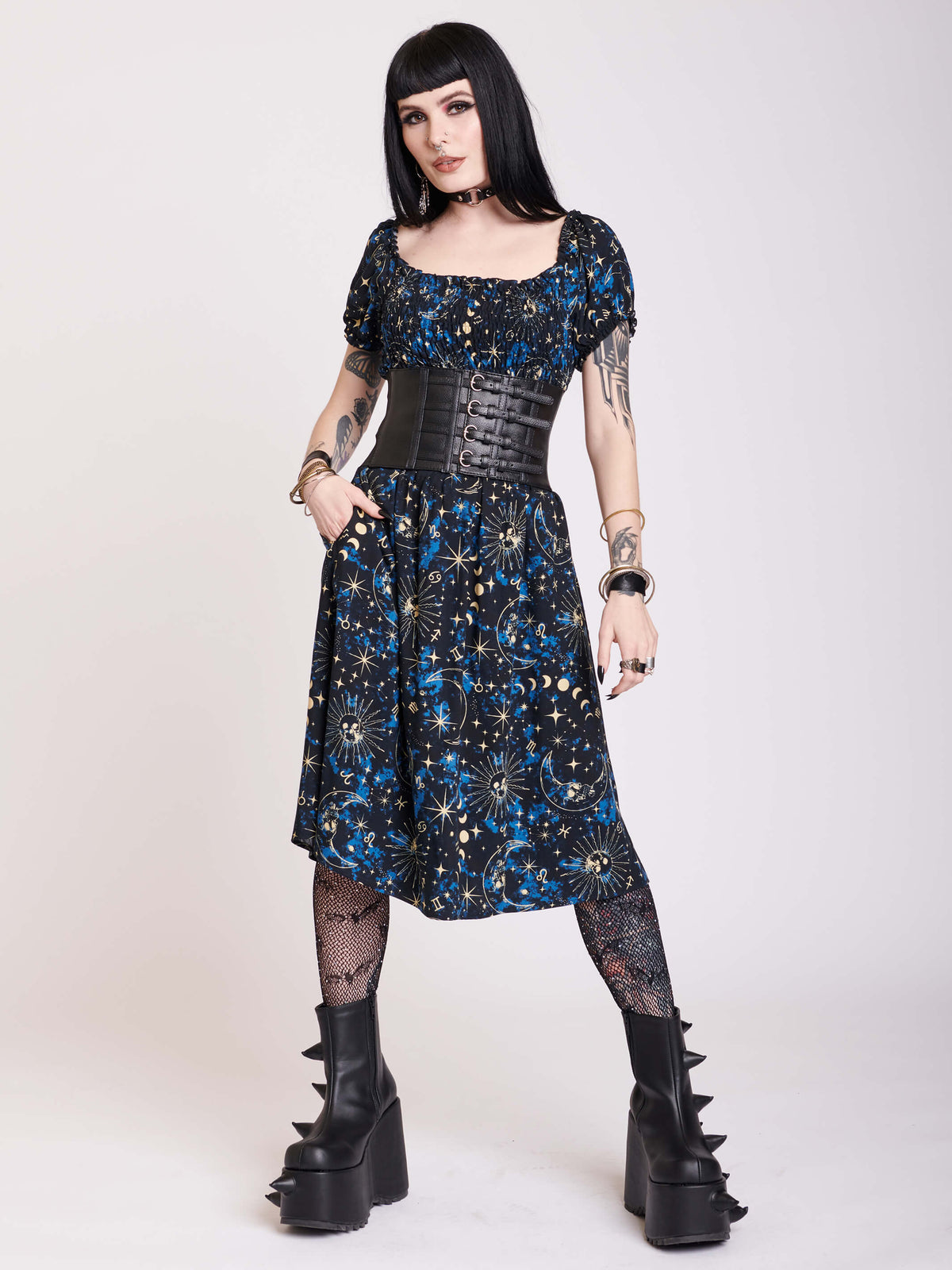 smocked midi dress with blue, black and white celestail print