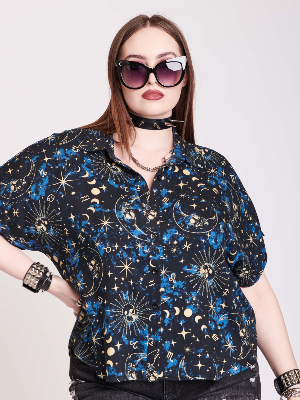cropped button up top with blue, black and white celestail print