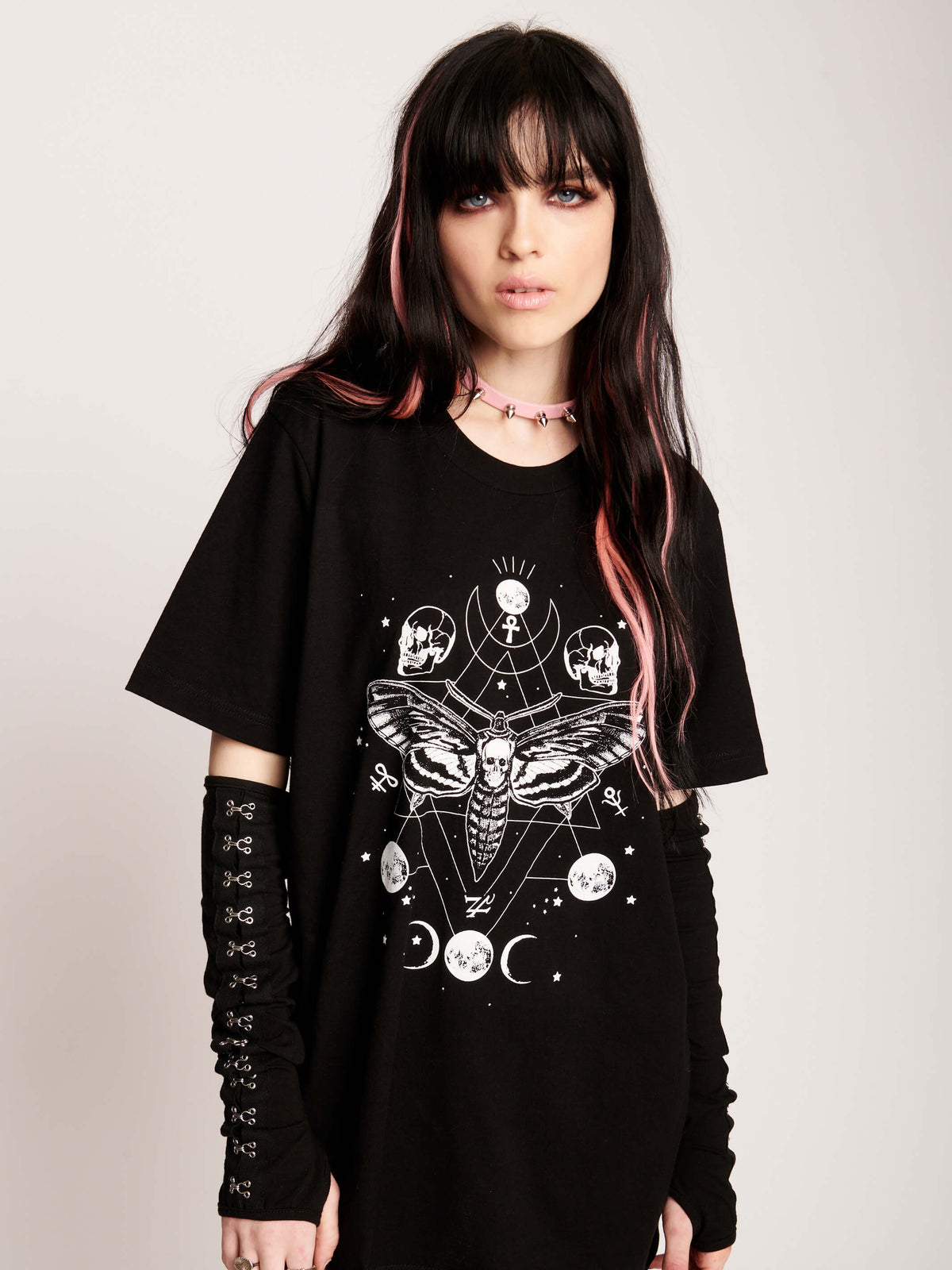 Deathmoth art on unisex black t-shirt