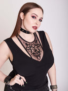 Black tank top with emboidered mesh detail