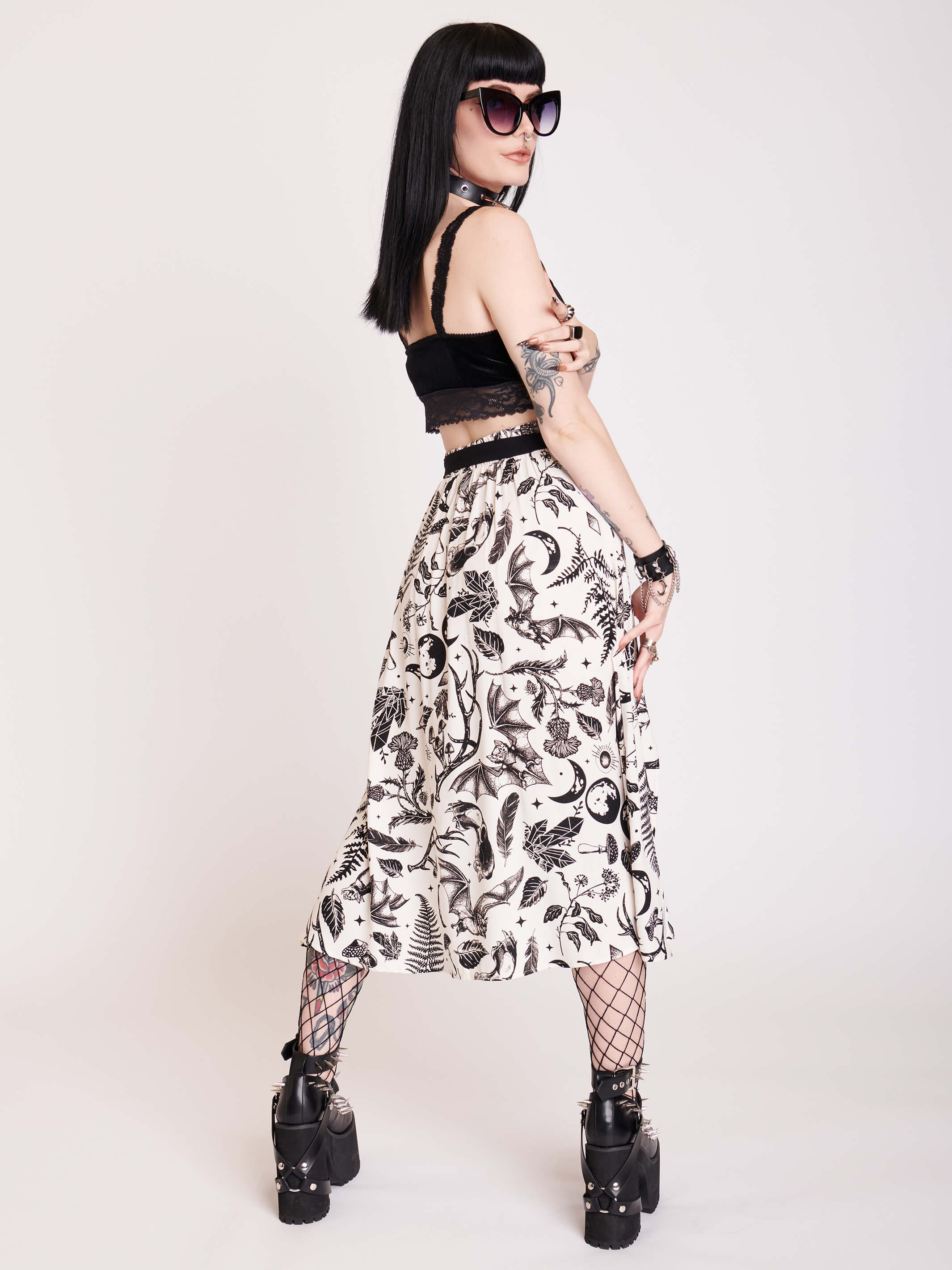 White split midi skirt with black all over pattern