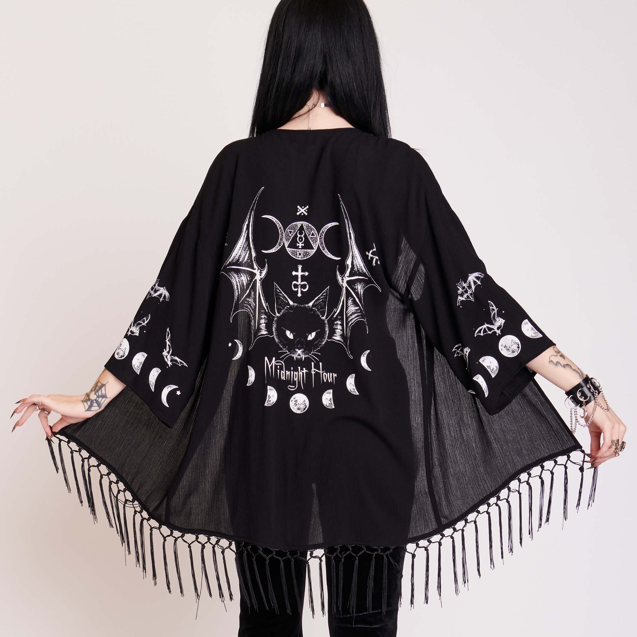 Black fringe gothic cat bat wing kimono