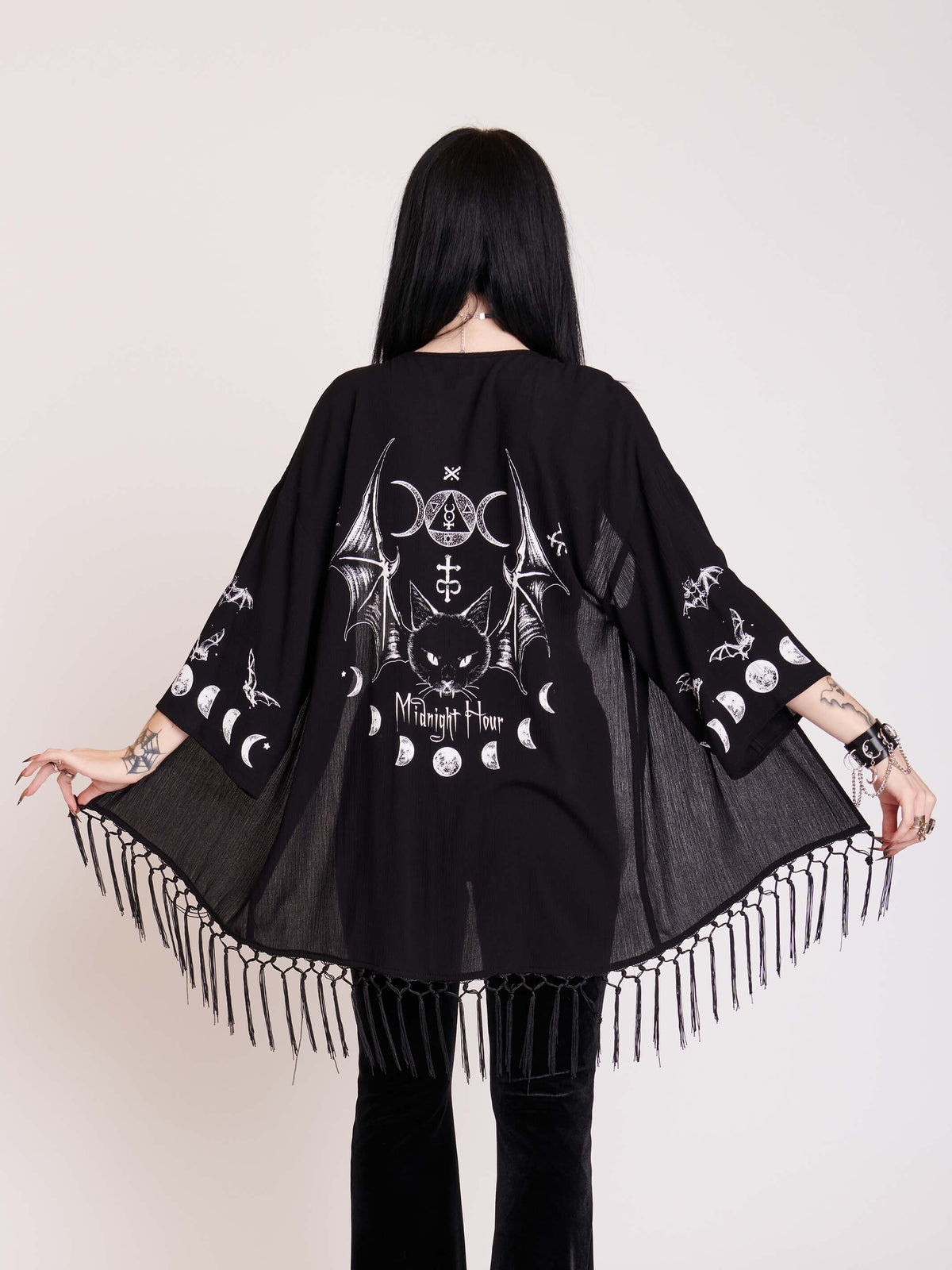Black fringe gothic cat bat wing kimono