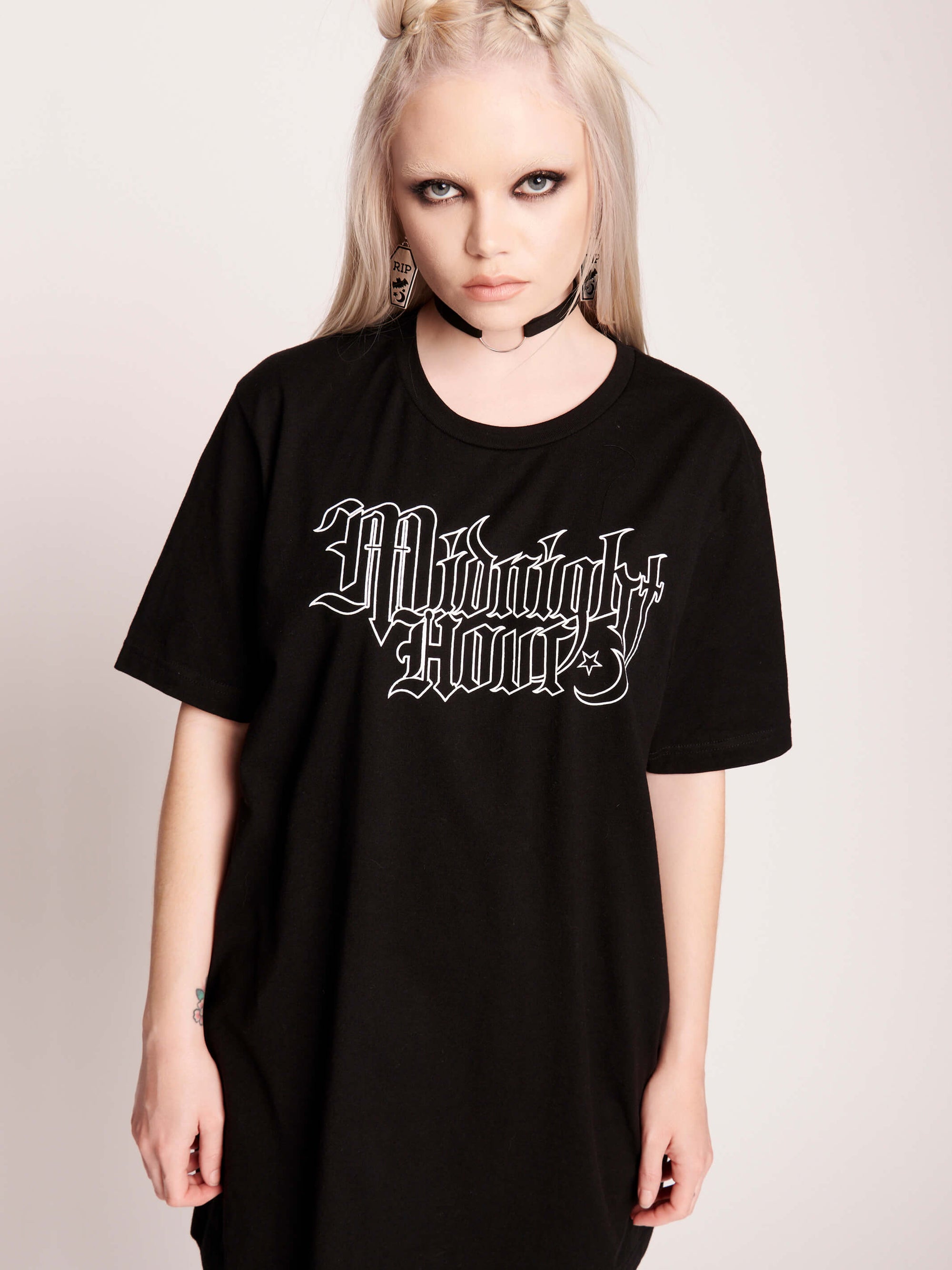 Midnight Hour Unisex Logo T-Shirt. goth fashion, goth rock clothing, gothic top, emo clothing, alternative fashion, dark aesthetic fashion