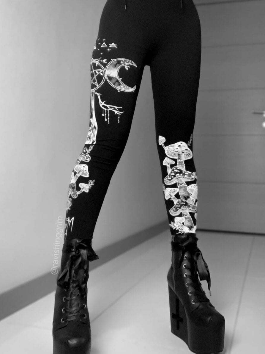 Black super soft and stretchy leggins with mushroom print, Sleeping bat, pantacleWitchy, Goth fashion, alt girl fashion, goth clothing , witchy clothing, egirl fashion, gothic fashion, dark aesthetic.