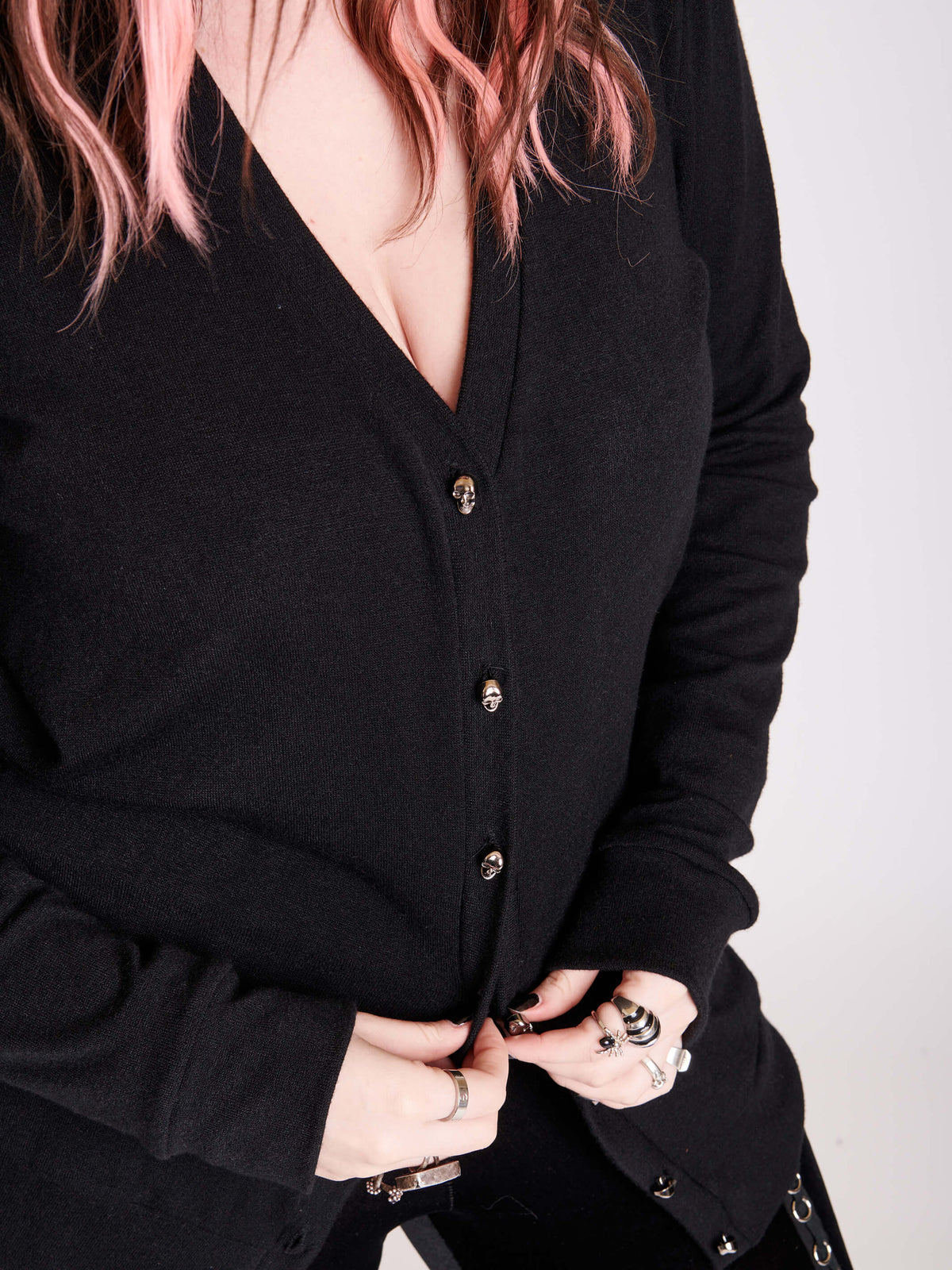 Black Cardigan with skull buttons and center back fringe detail