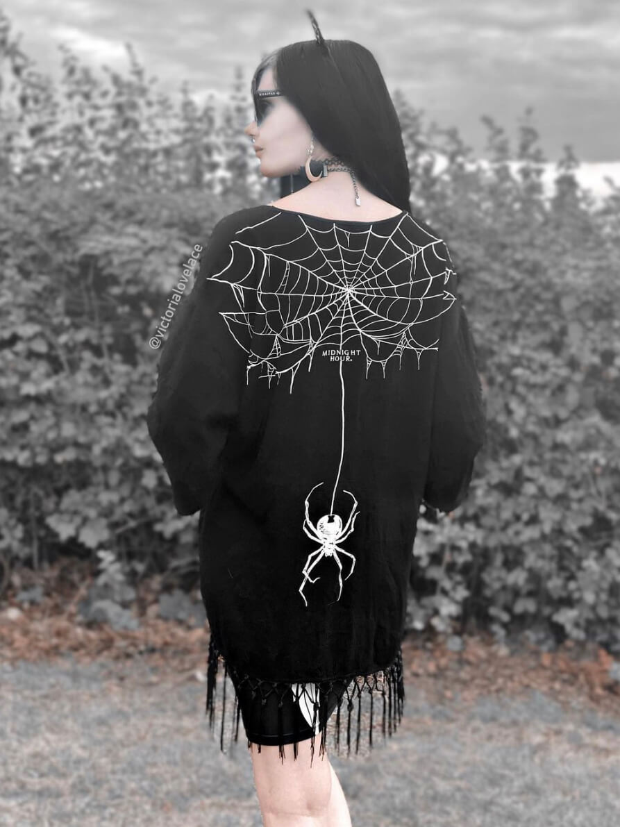 Black Widow Kimono. Stand out from the masses with this beautifully crafted kimono featuring a cobweb and black widow spider print. with black fringe details. Goth grunge fashion, alt girl fashion, goth clothing, nugoth, black lace, goth punk top, egirl fashion, emo fashion, spider.