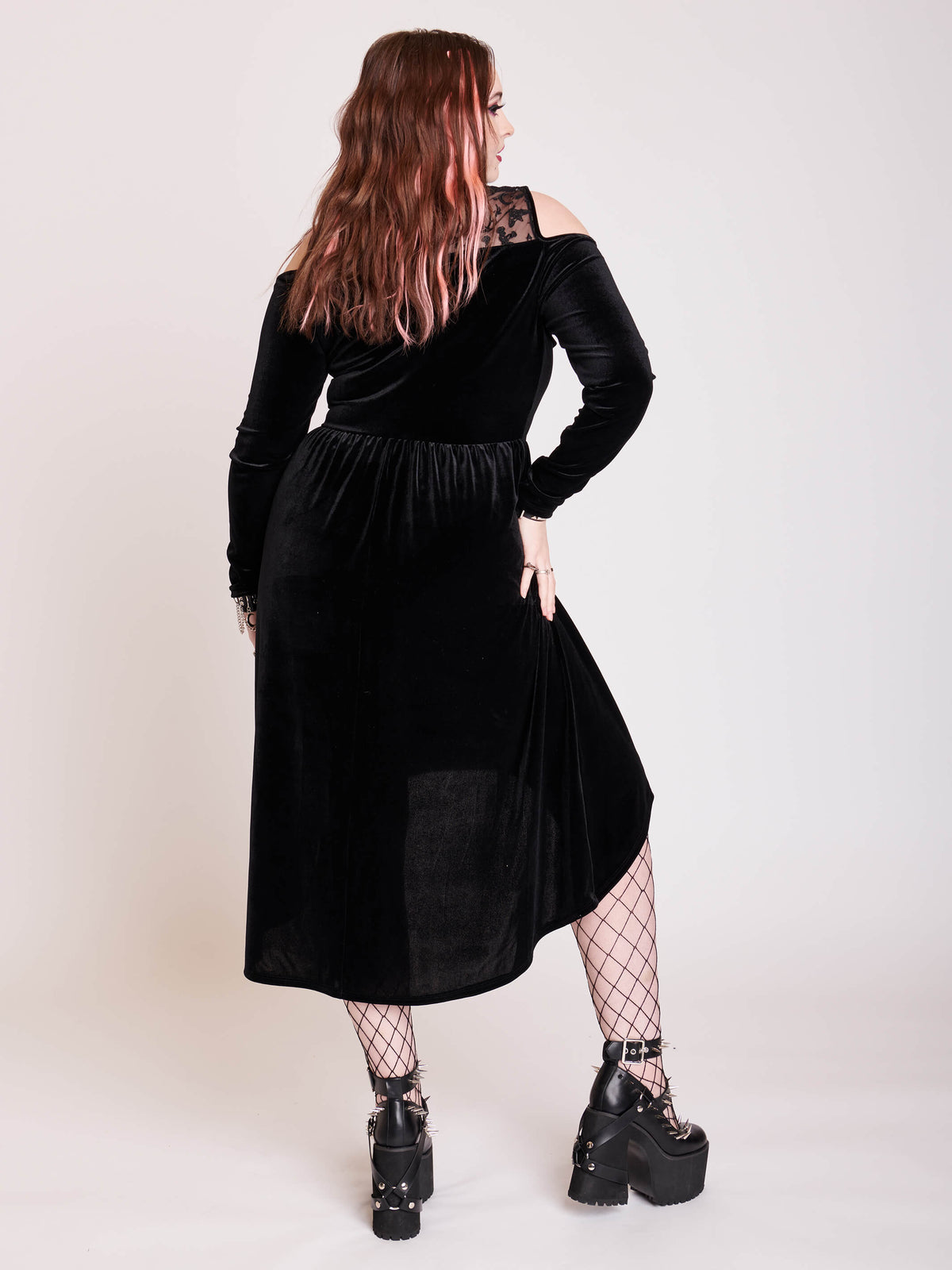 long sleeve cold shouler black velvet embroidered mesh yoke dress