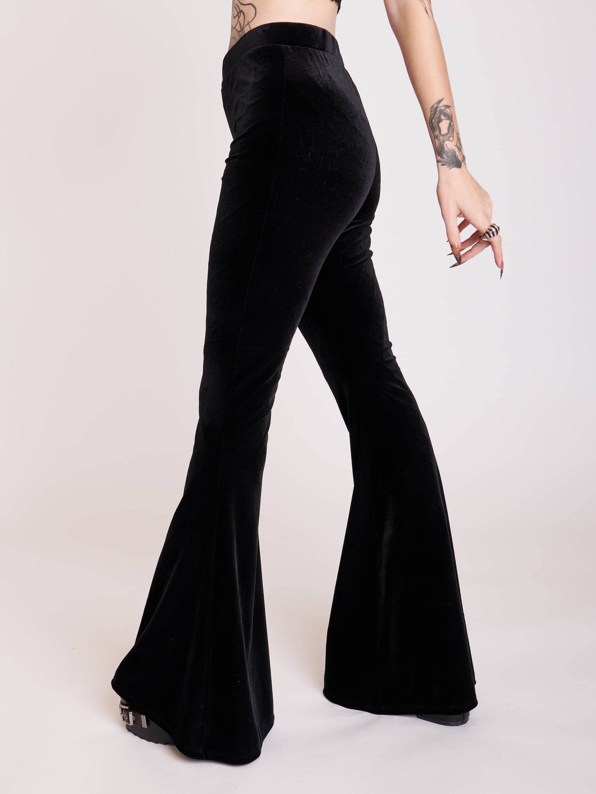 Gothic Black stretch velvet flared legging pants. 
