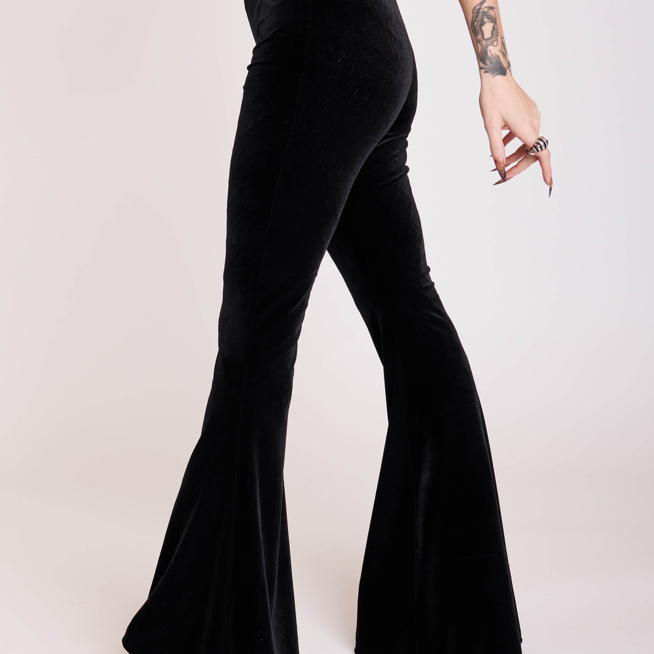 Gothic Black stretch velvet flared legging pants. 